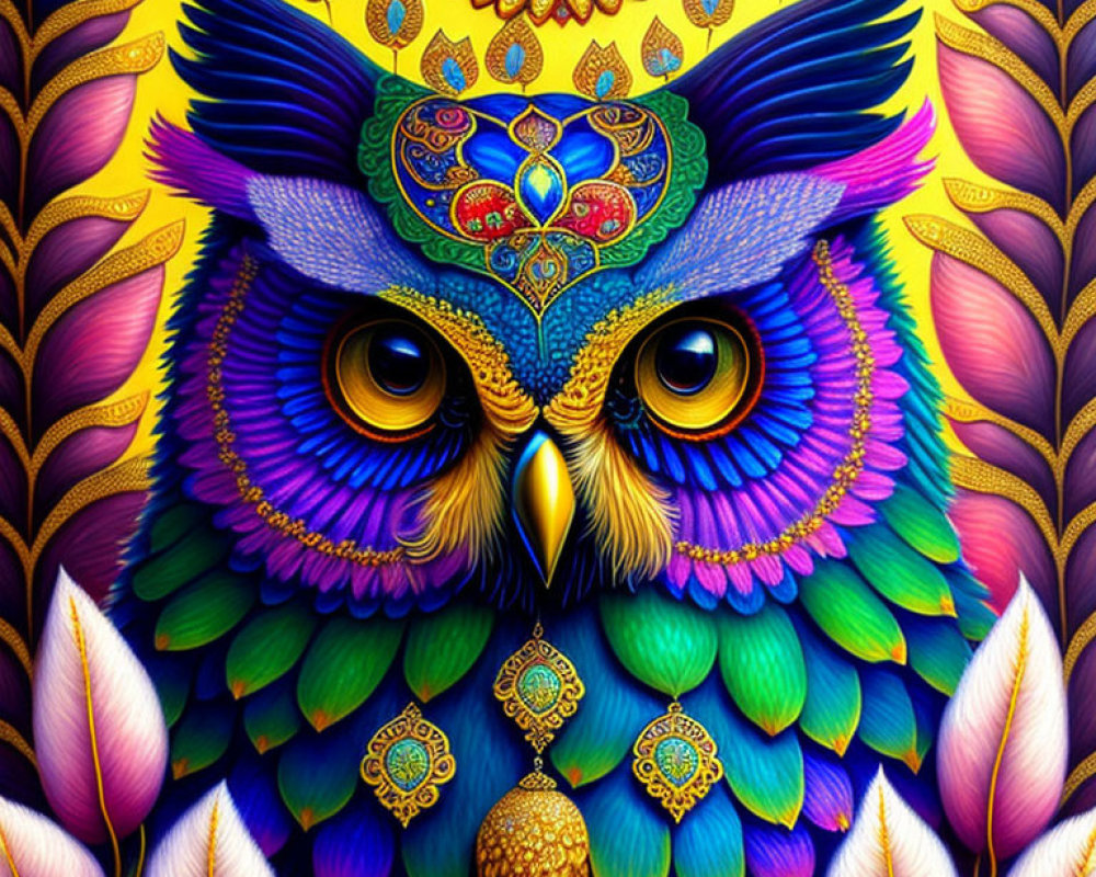 Colorful Stylized Owl Artwork with Ornamental Background