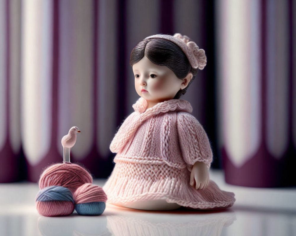 Porcelain doll in pink dress with knitted flamingo and yarn balls on reflective surface