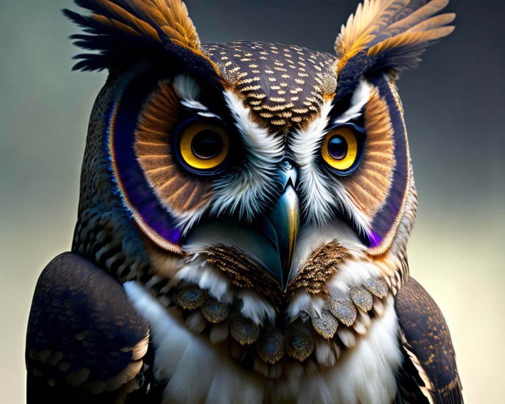 Vividly colored owl with yellow eyes and detailed feathers on soft-focus background