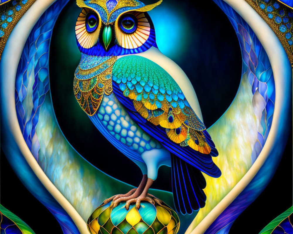 Colorful Stylized Owl Artwork with Mosaic Background