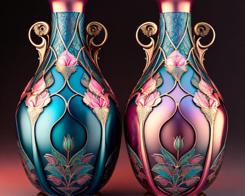 Ornate vases with floral patterns in blue, pink, and gold on gradient background