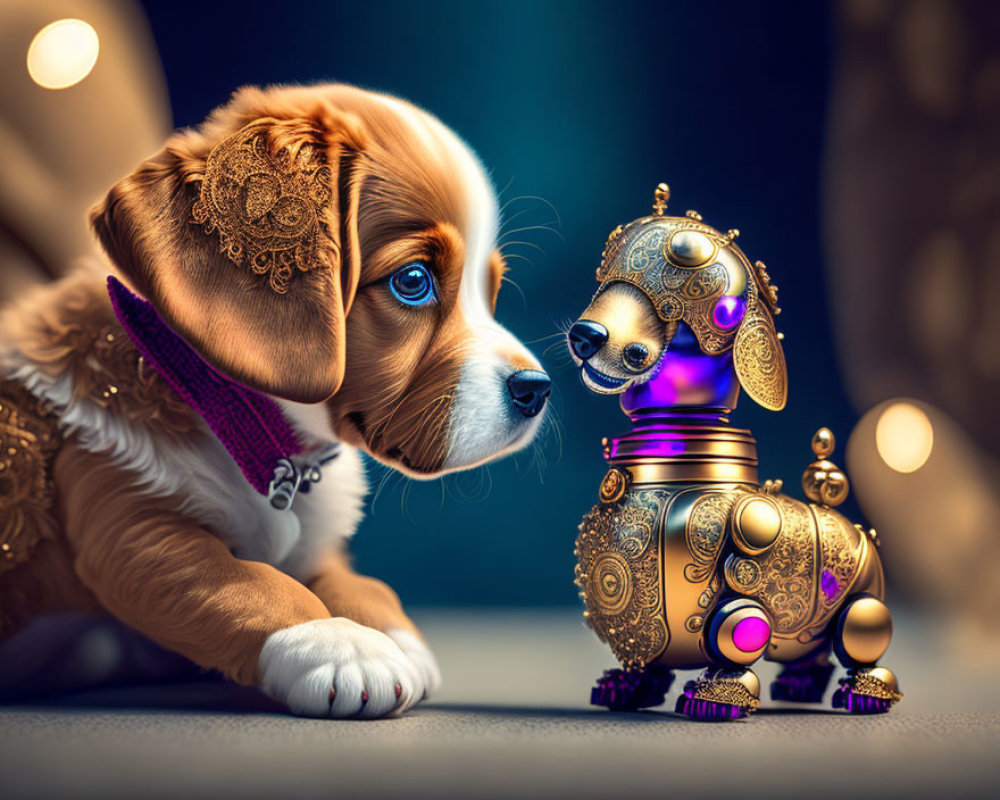 Curious puppy observing golden steampunk robotic dog