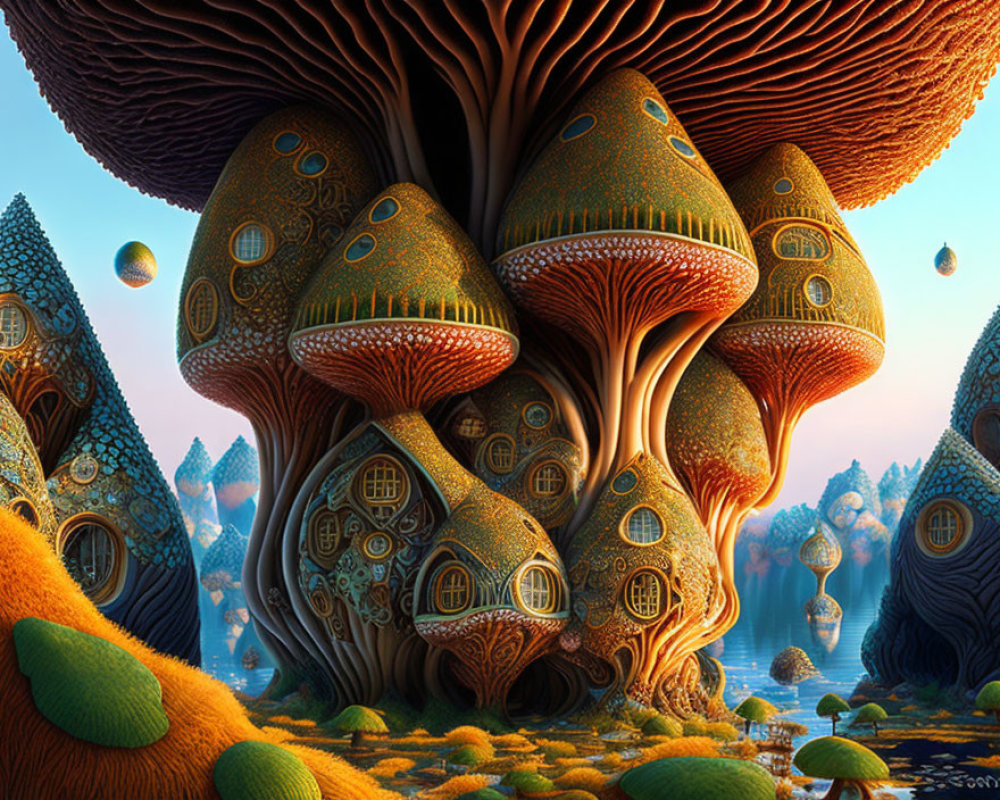 Fantastical landscape with mushroom-like structures and spherical objects