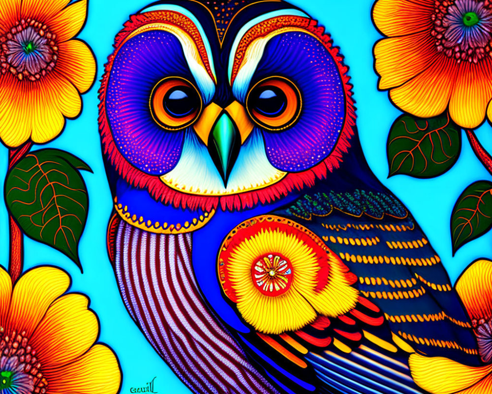 Colorful Stylized Owl Illustration with Floral Surroundings