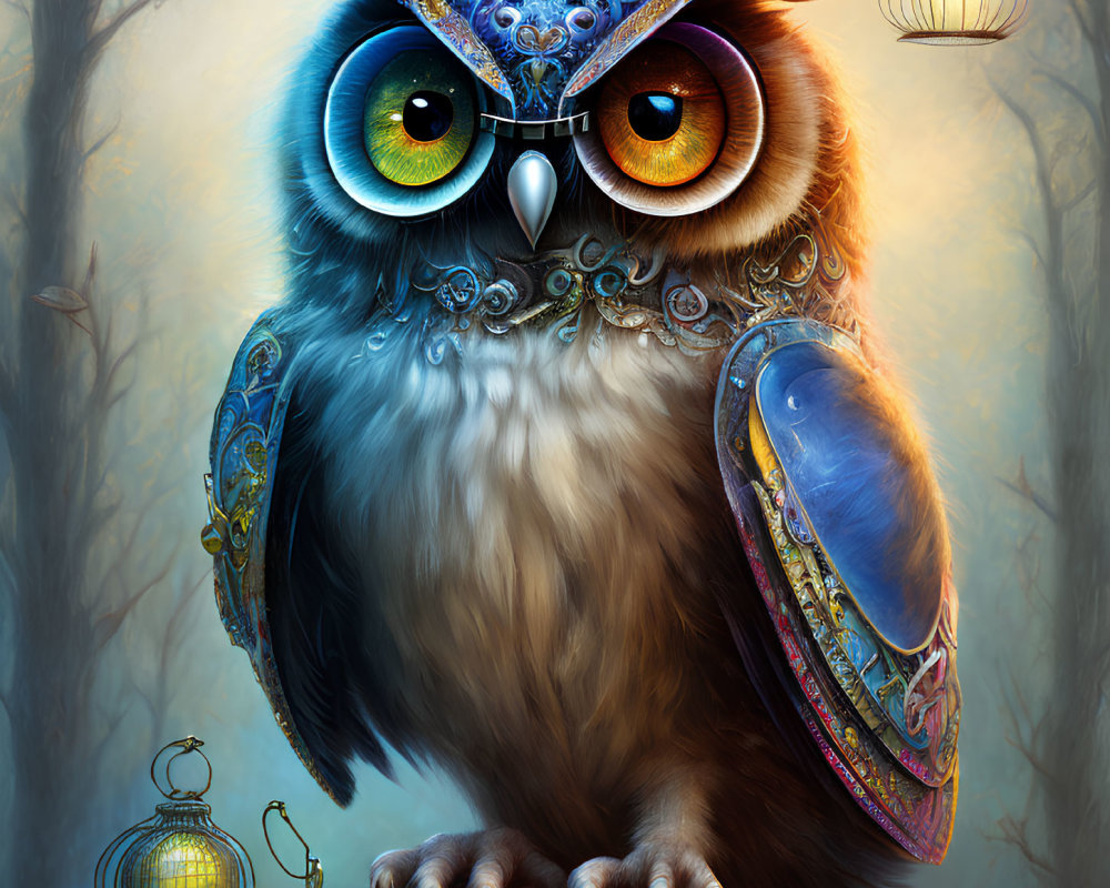 Colorful Steampunk Owl with Mechanical Features on Branch Among Lanterns