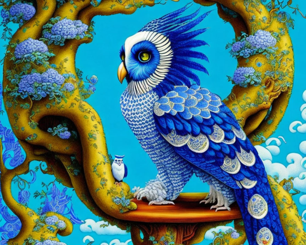 Colorful Digital Art: Fantastical Blue Parrot Perched on Branch with Floral Background