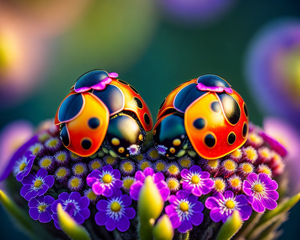 Vibrant ladybugs on purple flowerbed with soft green background