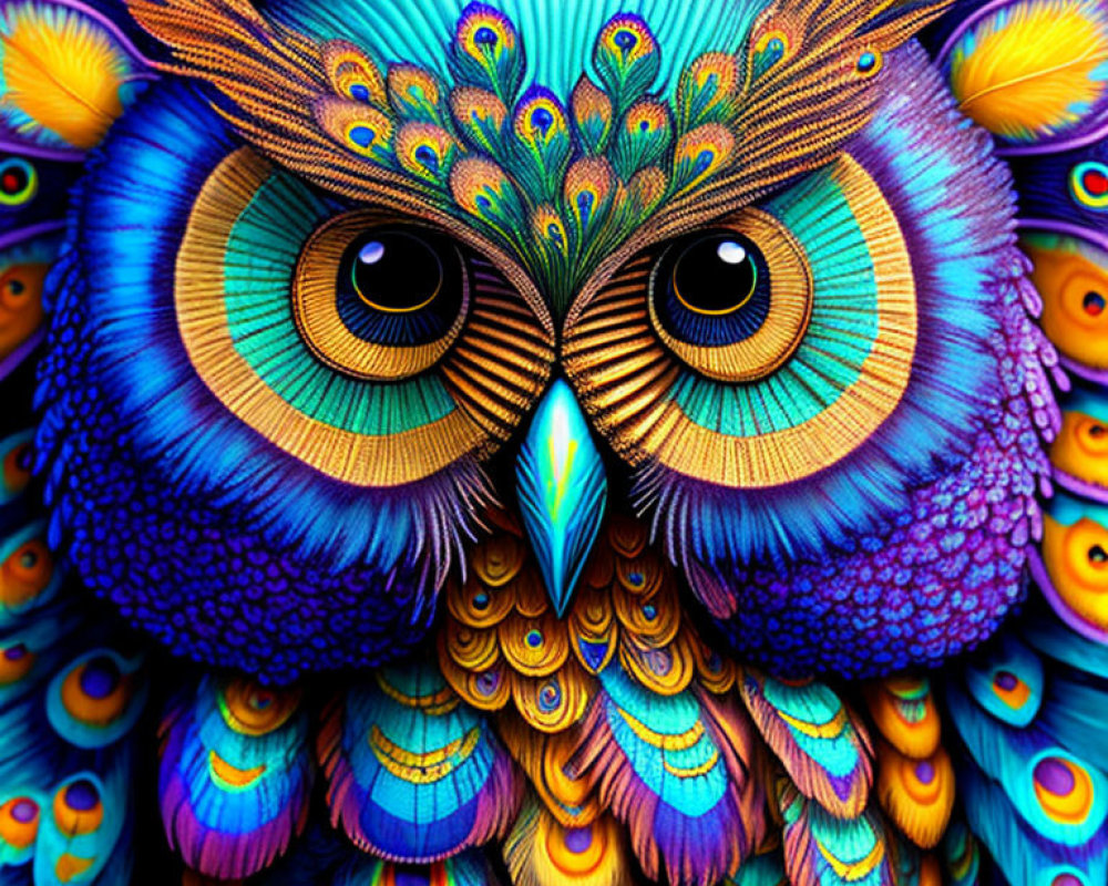 Colorful Owl Illustration with Intricate Patterns and Peacock Feather-like Designs