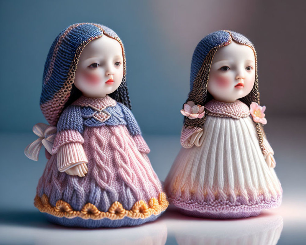 Porcelain dolls in pink and white knit dresses with flower details