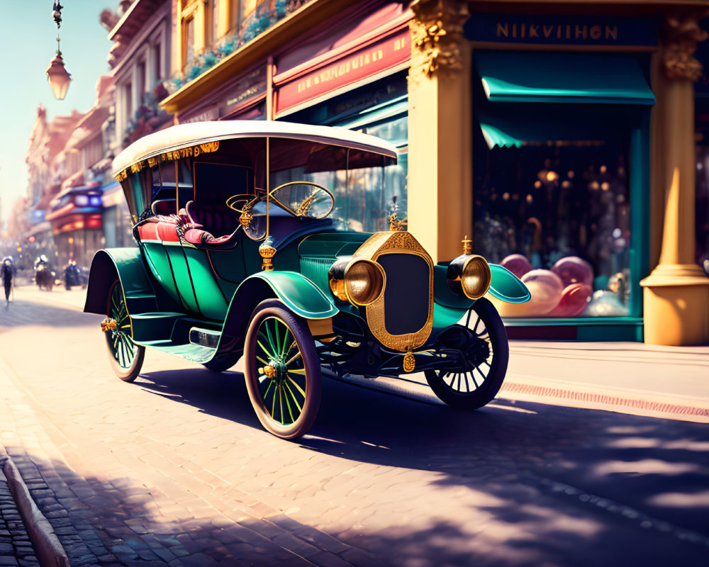 Vintage Car with Brass Fittings on Sunny, Elegant Street