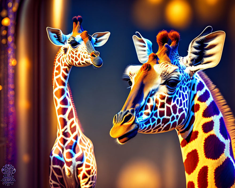 Vibrant giraffes with detailed patterns on bokeh-lit background