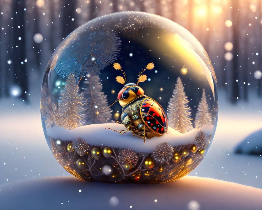 Snow Globe with Ladybug in Winter Landscape and Falling Snowflakes