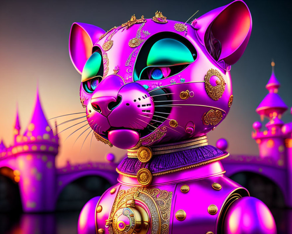 Colorful Robotic Cat in Regal Attire with Castle Backdrop