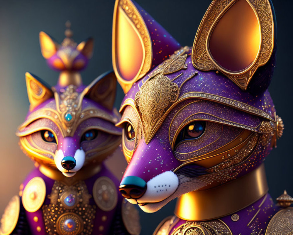 Ornate anthropomorphic fox figures with golden embellishments and purple hues on soft-focus background