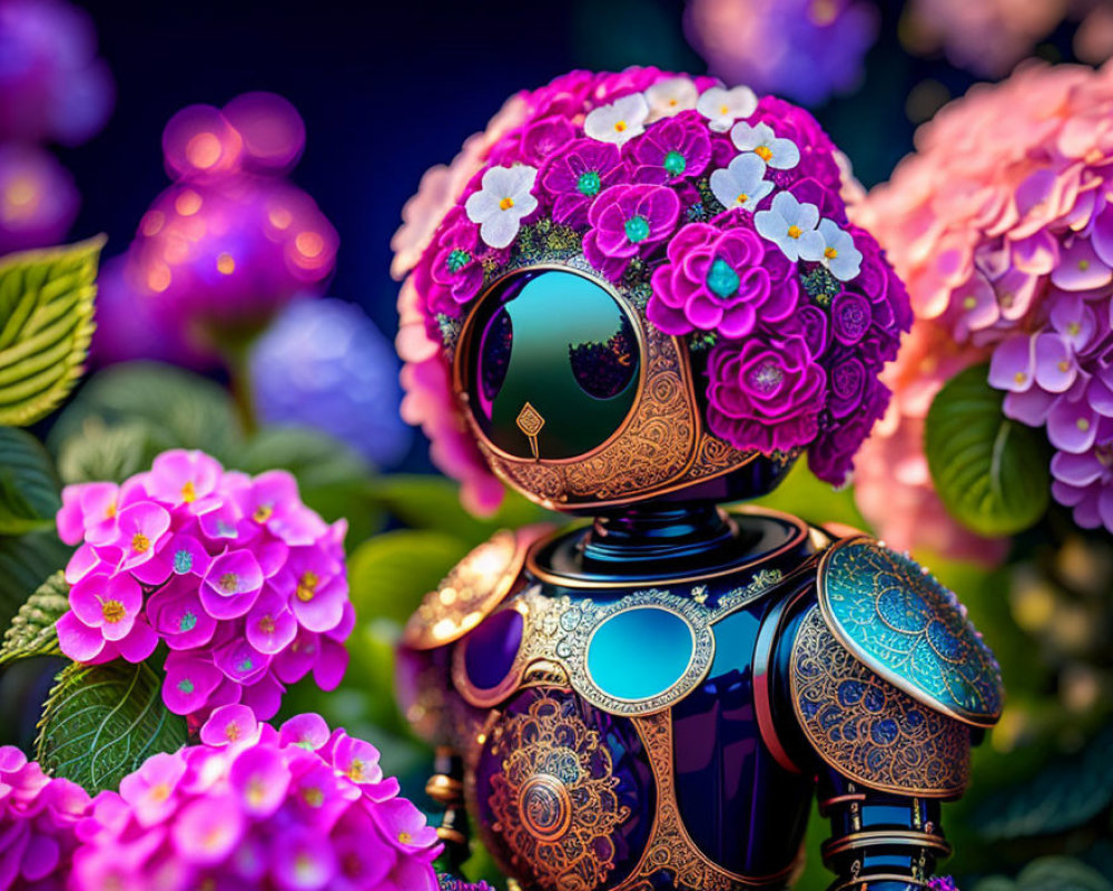 Colorful spherical robot with floral patterns among hydrangea flowers