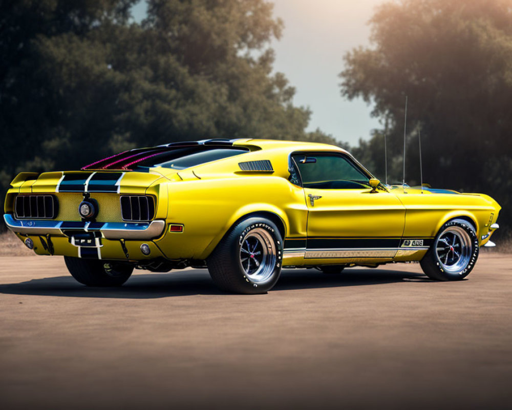 Yellow Ford Mustang with Black Racing Stripes and Mach 1 Design in Hazy Sunshine