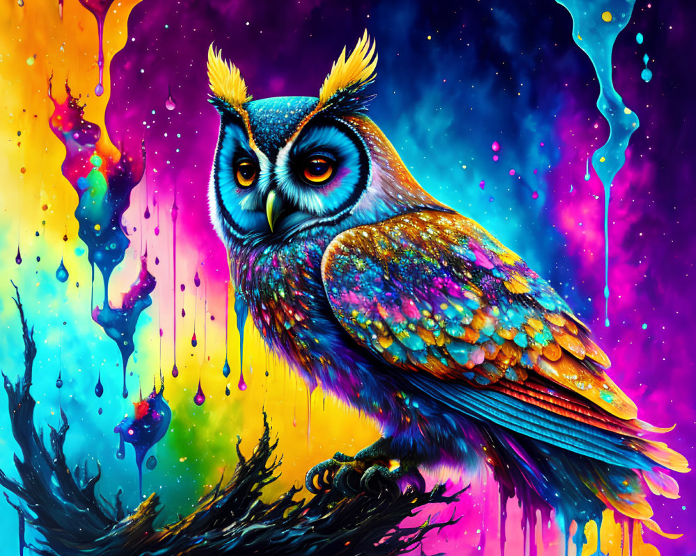 Colorful Owl Illustration with Psychedelic Blues, Oranges, and Purples