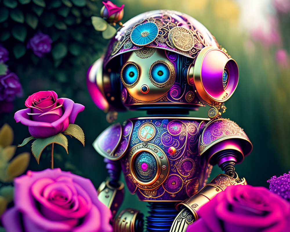 Colorful ornate robot with vibrant floral surroundings