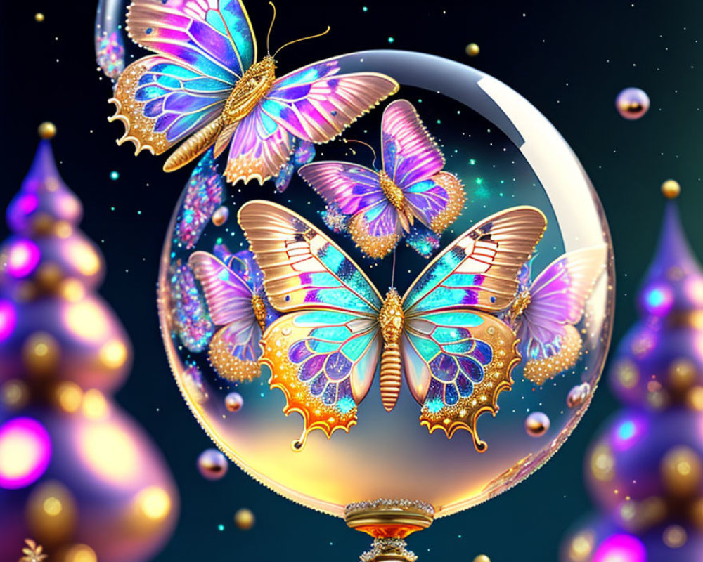 Colorful butterflies in transparent sphere with glowing edges, golden orbs, starry backdrop