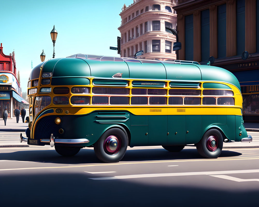 Vintage-style futuristic bus with yellow and green design on urban street