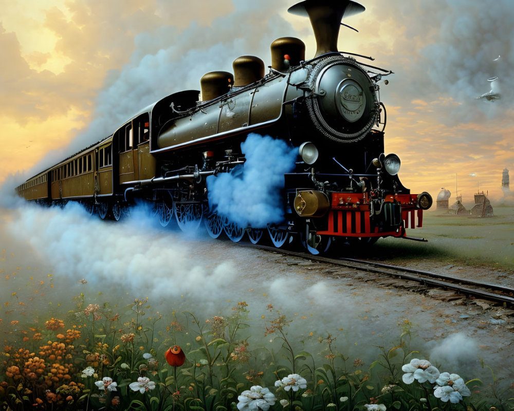 Vintage steam locomotive billowing smoke on tracks in golden sunset pastoral landscape