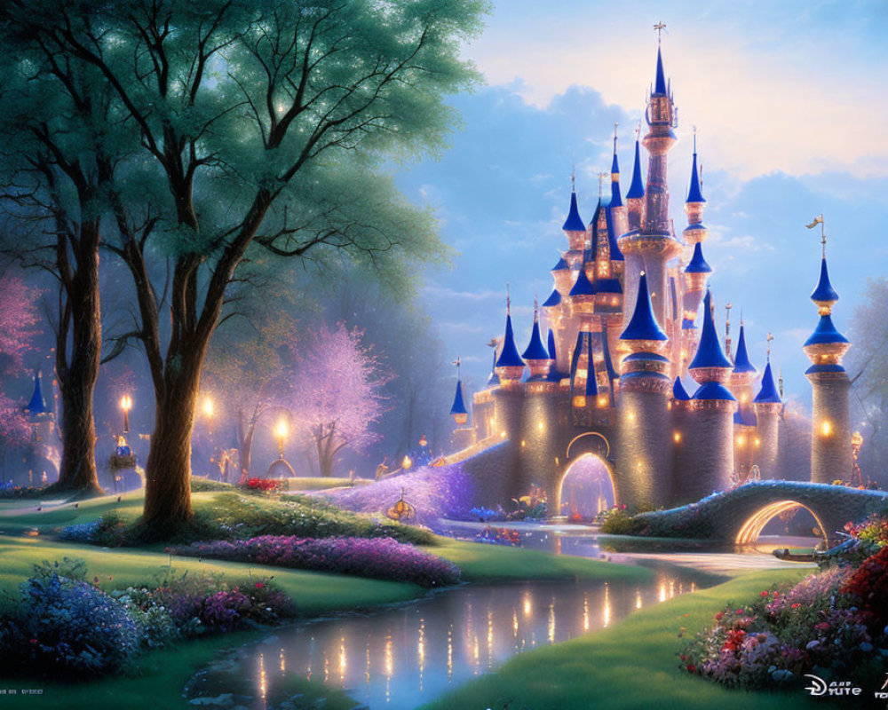 Fairytale castle illustration at twilight with gardens, river, and glowing lights