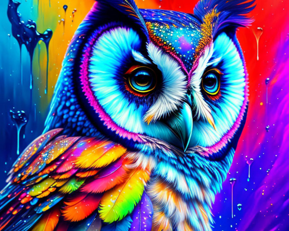 Colorful Rainbow Owl Illustration on Paint Splatter Background