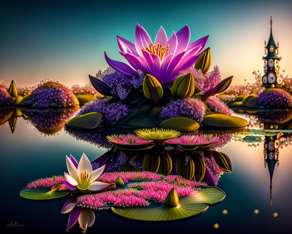 Fantasy digital art: Colorful lotus flowers on water with whimsical backdrop