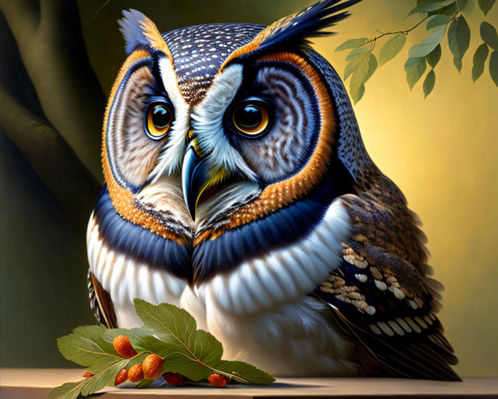 Detailed painting of owl on wooden beam with green leaves and red berries