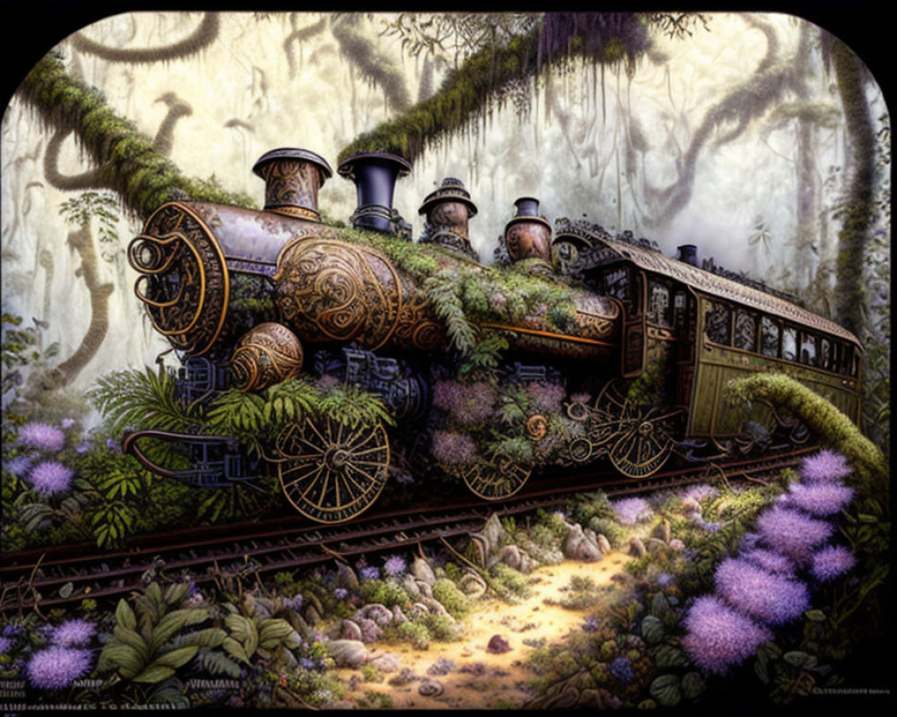 Fantasy steam locomotive in lush, mystical forest with purple flora