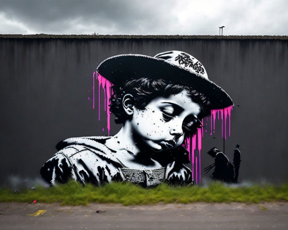 Monochrome graffiti of child with pink dripping paint on dark wall