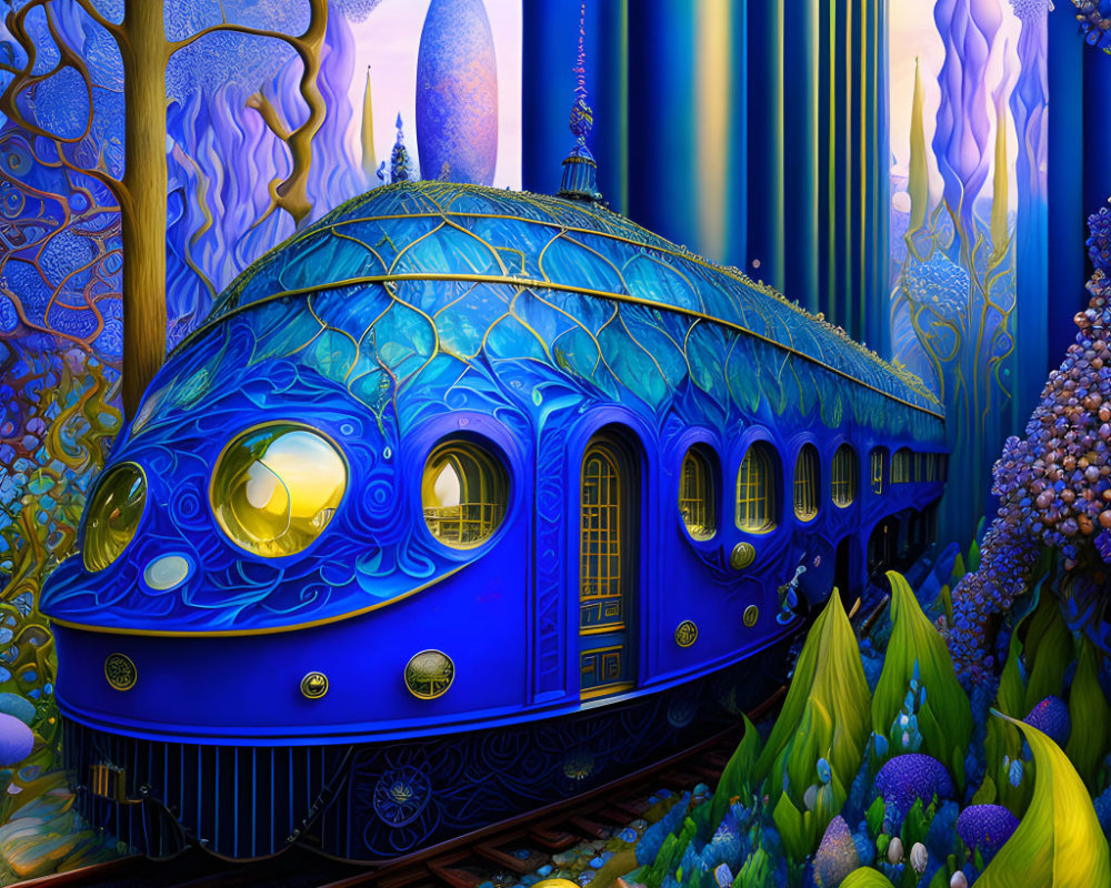 Colorful Illustration of Blue Train in Whimsical Landscape