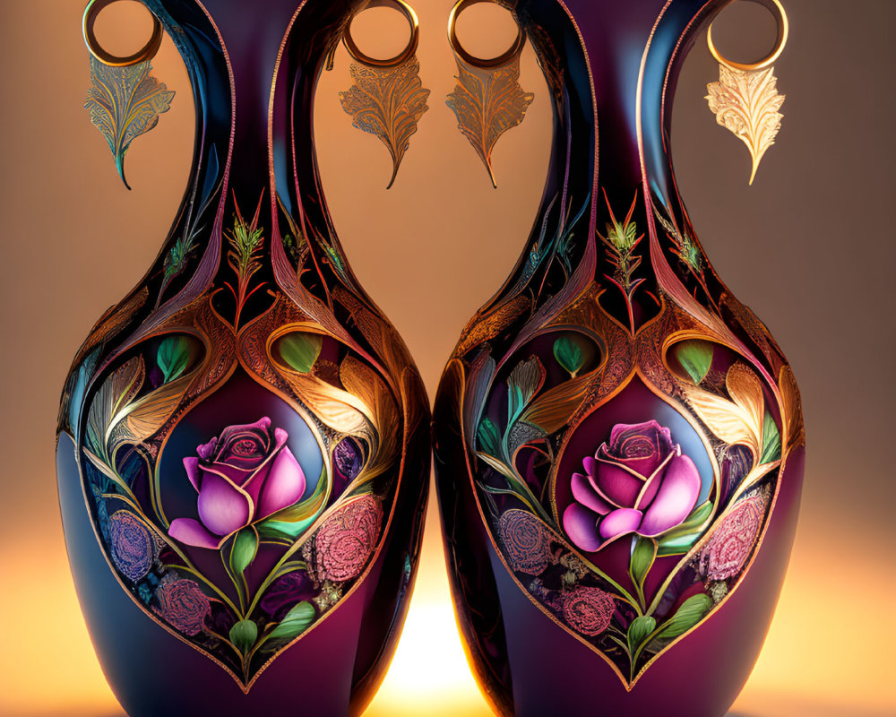 Ornate vases with gold accents and rose motifs on orange gradient background