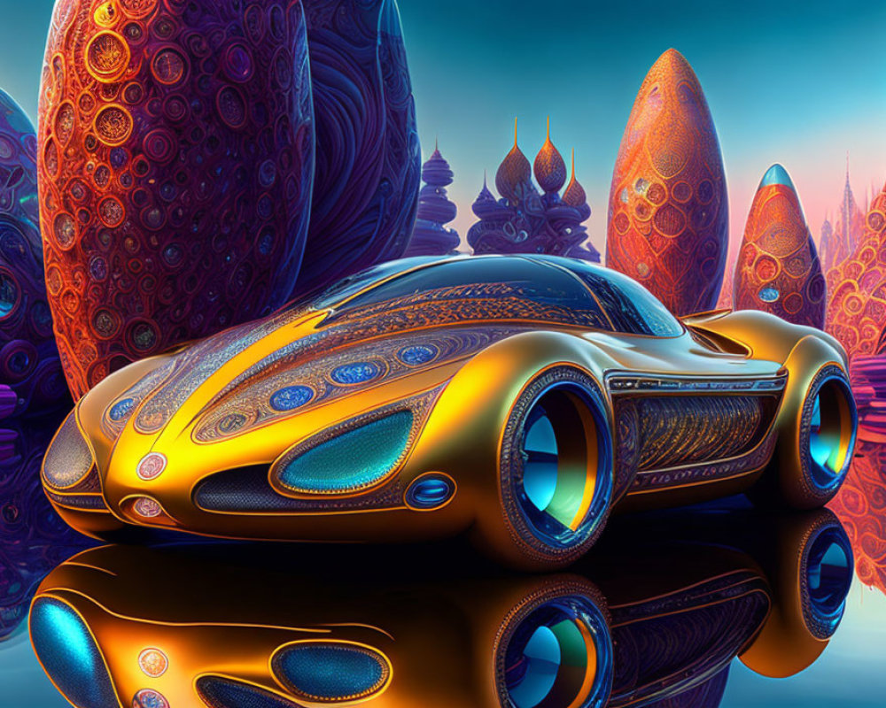 Futuristic Orange Car in Surreal Environment with Reflective Surfaces