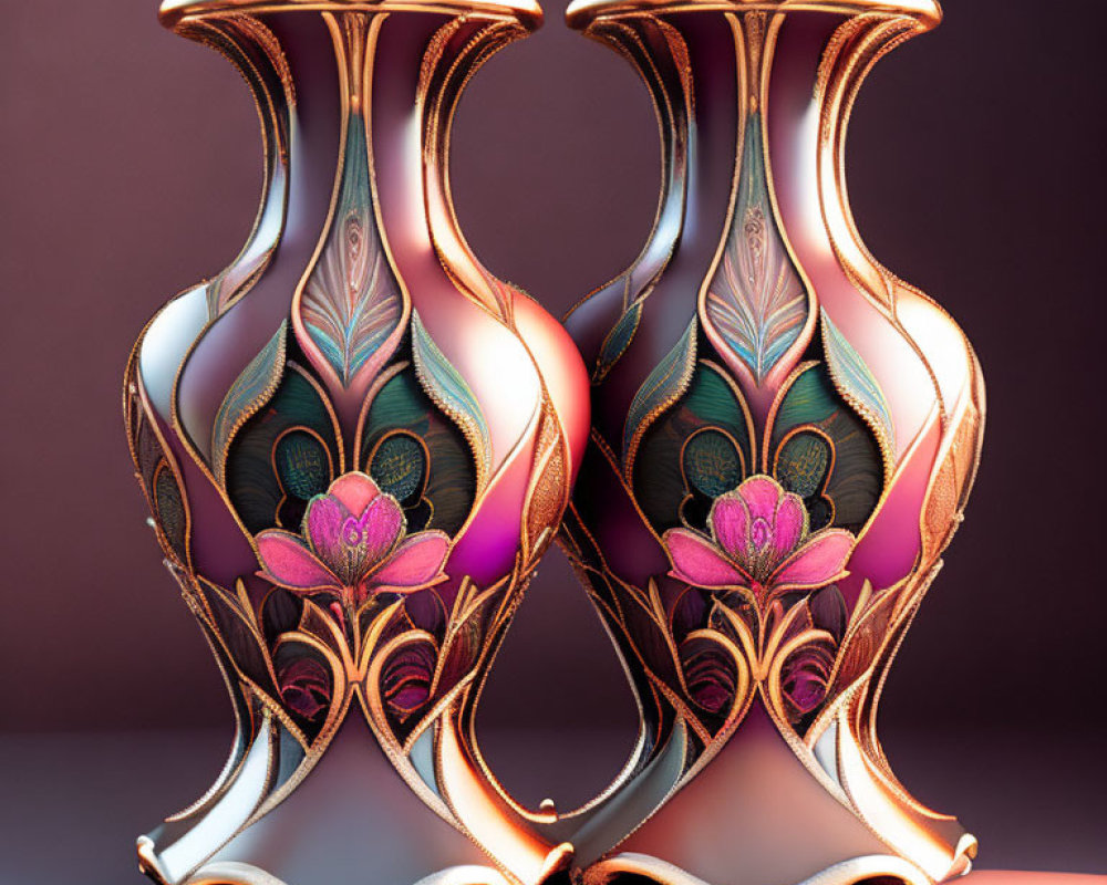 Ornate vases with intricate patterns and pink floral designs on reflective surfaces