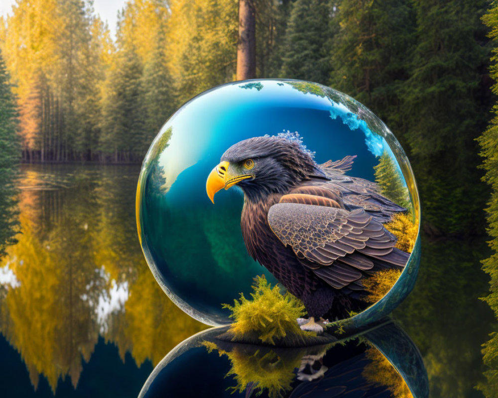 Eagle superimposed in reflective sphere with forest and lake landscape