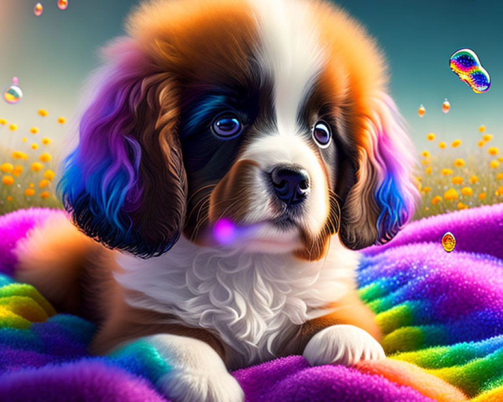 Vibrant artwork: fluffy puppy with expressive eyes on rainbow blanket