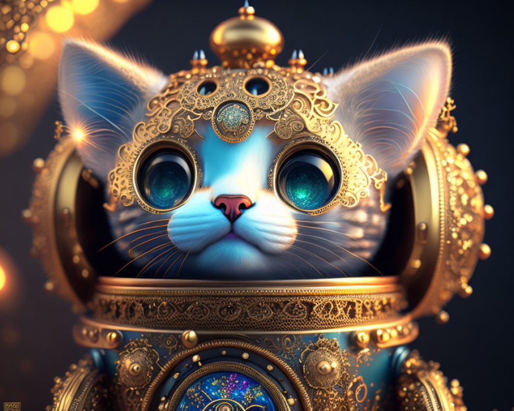 Fantastical cat digital artwork with glowing blue eyes and golden armor.