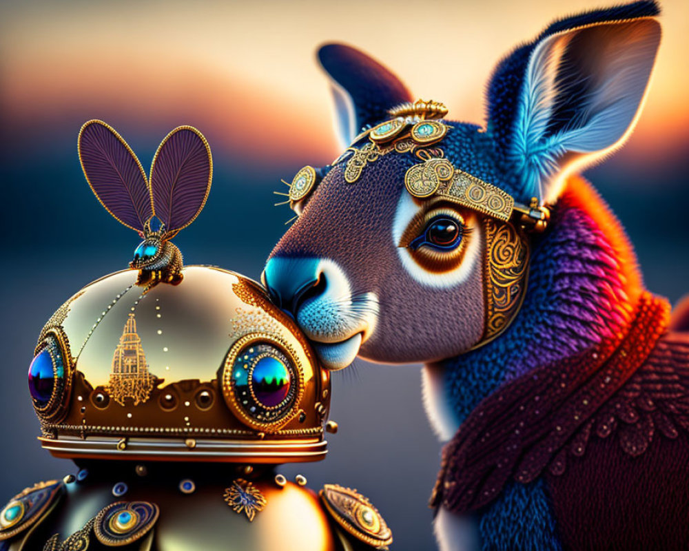 Fantastical image of adorned kangaroo with metallic orb and miniature city.