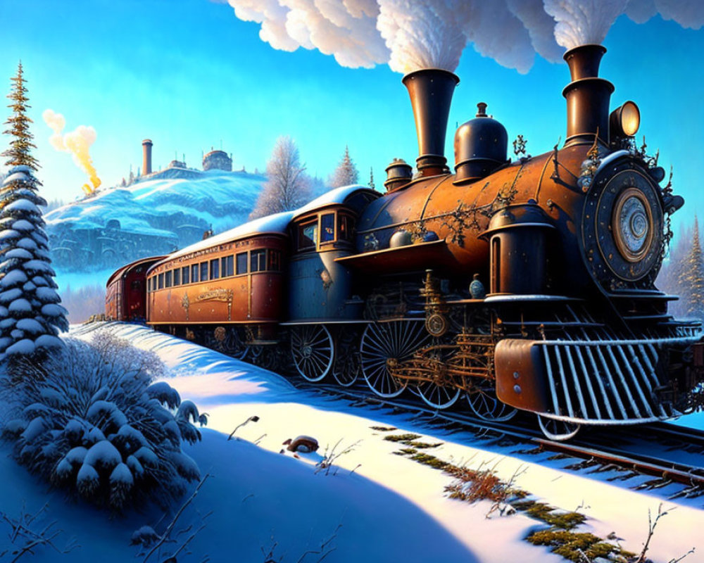 Vintage Steam Locomotive on Snowy Tracks in Winter Landscape