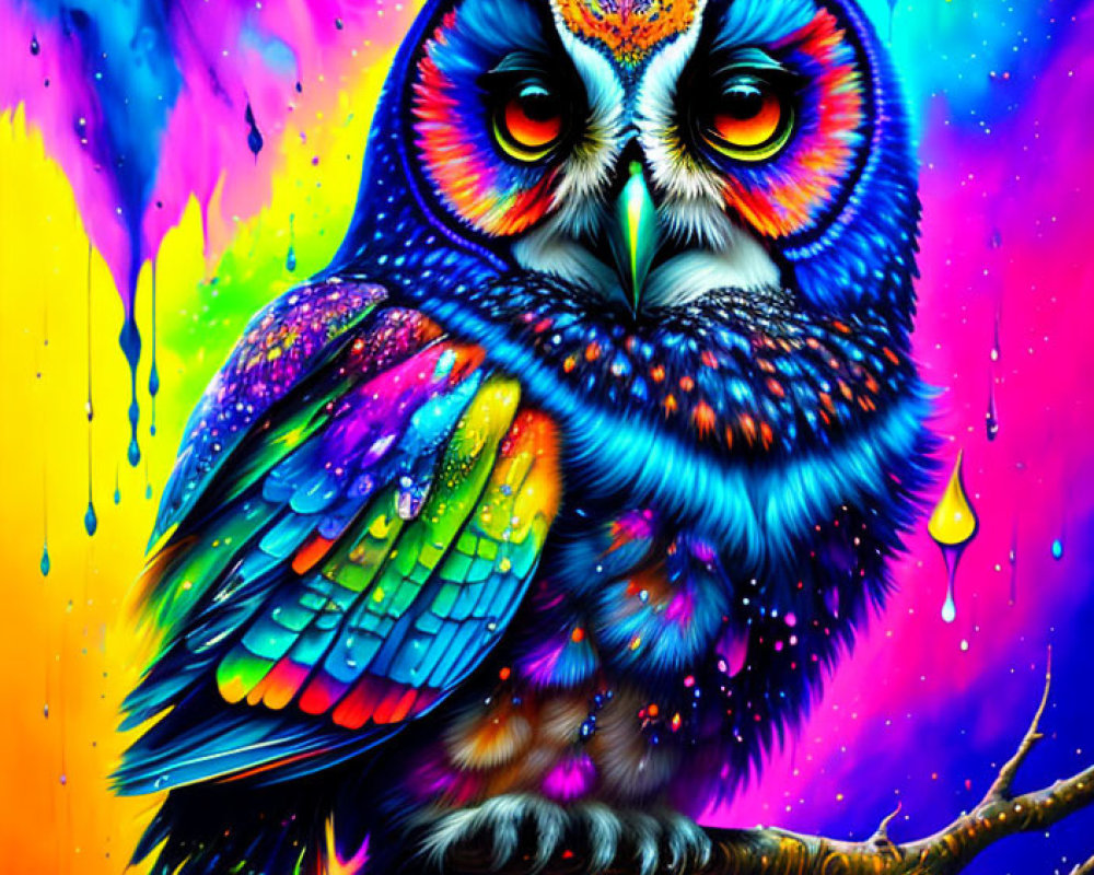 Colorful Owl Artwork with Rainbow Background