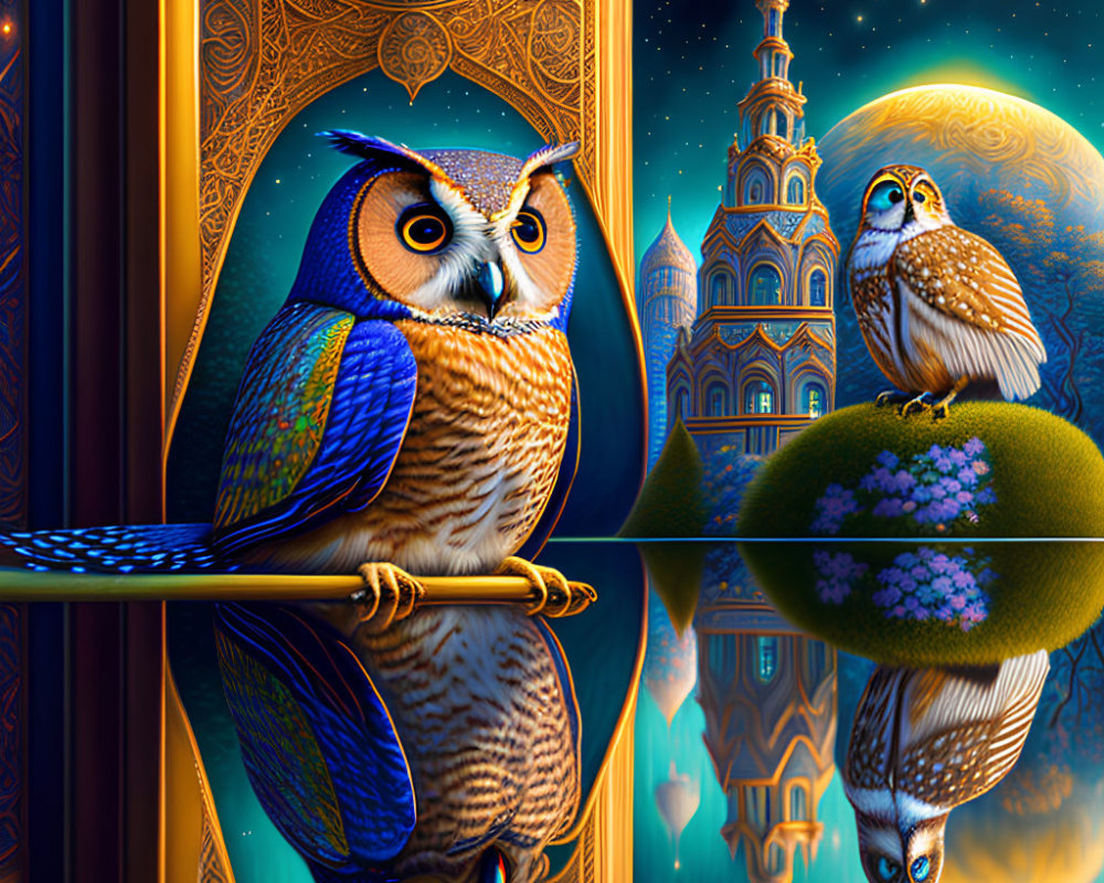 Vibrantly colored owls near ornate window with castle and starry sky reflected on water