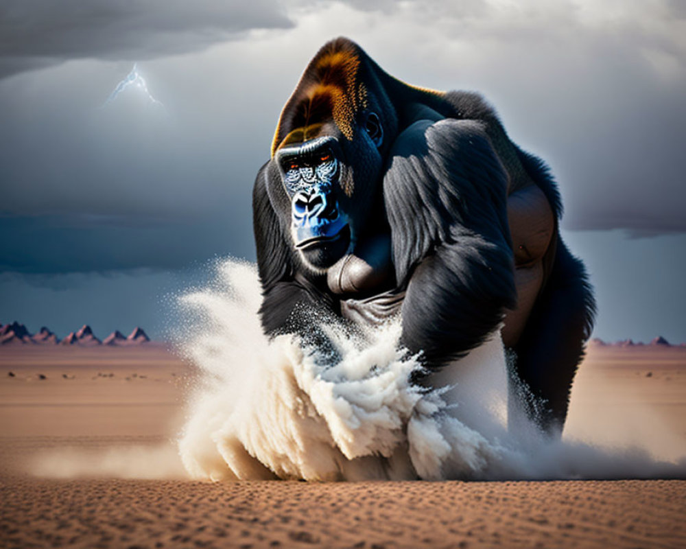 Gorilla with painted face causing dust explosion in stormy desert