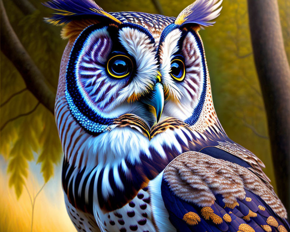 Colorful Owl Illustration with Detailed Feathers in Forest Setting