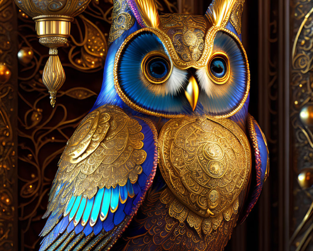 Intricate Blue and Gold Metallic Owl in Luxurious Environment