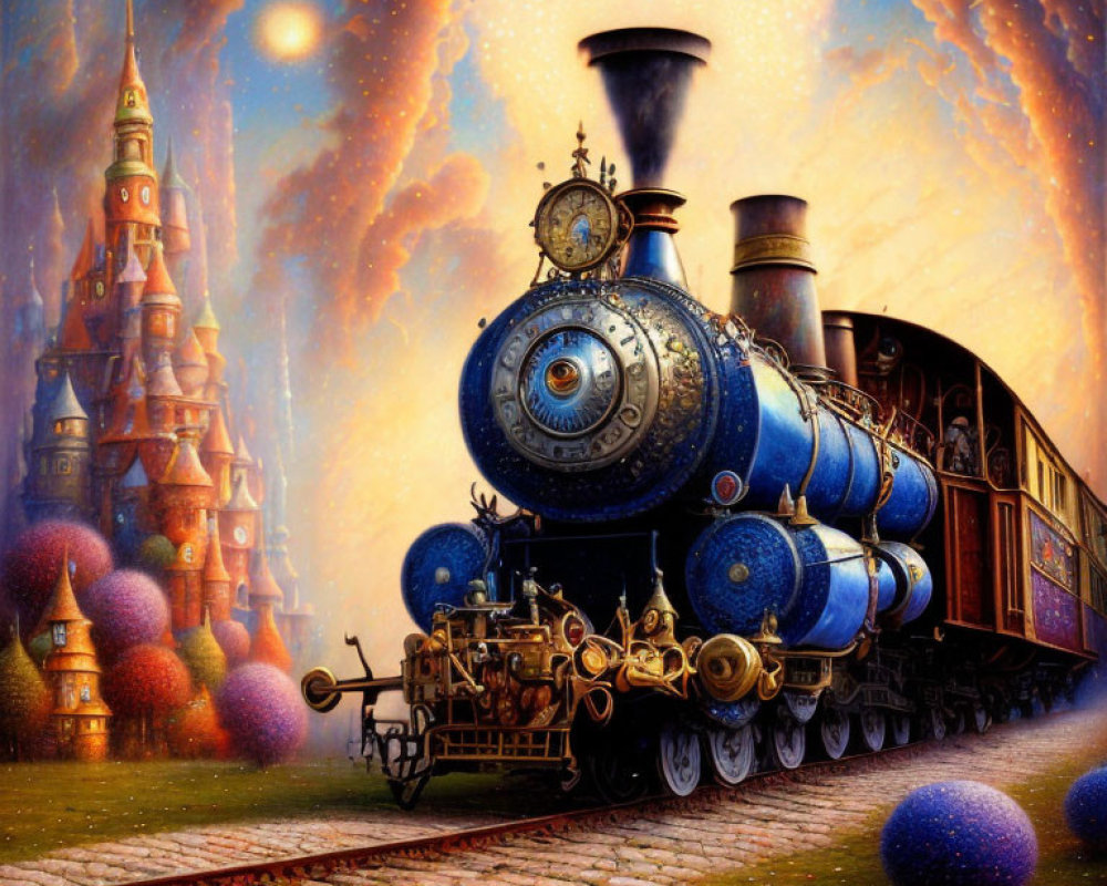 Fantastical vintage blue steam train on cobblestone track with purple trees and castle under starry