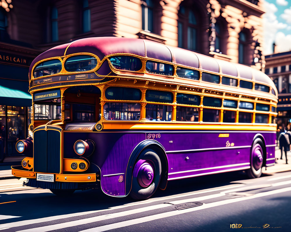 Vibrant purple and gold retro double-decker bus in city street