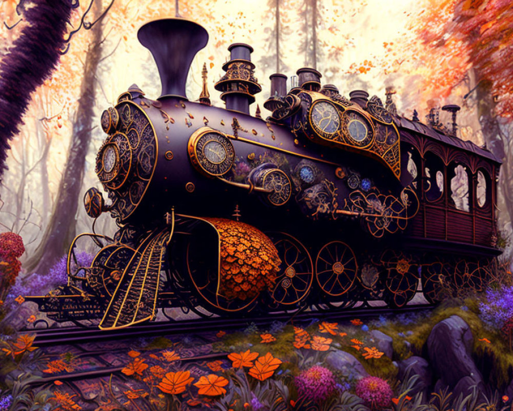 Steampunk locomotive in autumn forest with purple canopy