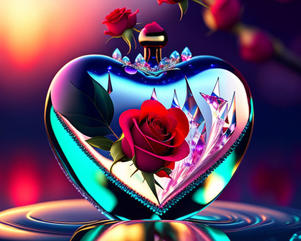 Colorful Digital Art: Heart Shape with Rose, Crystals, and Water Droplets