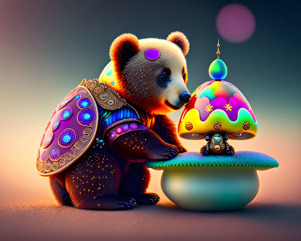 Colorful Shell Bear and Mushroom Illustration